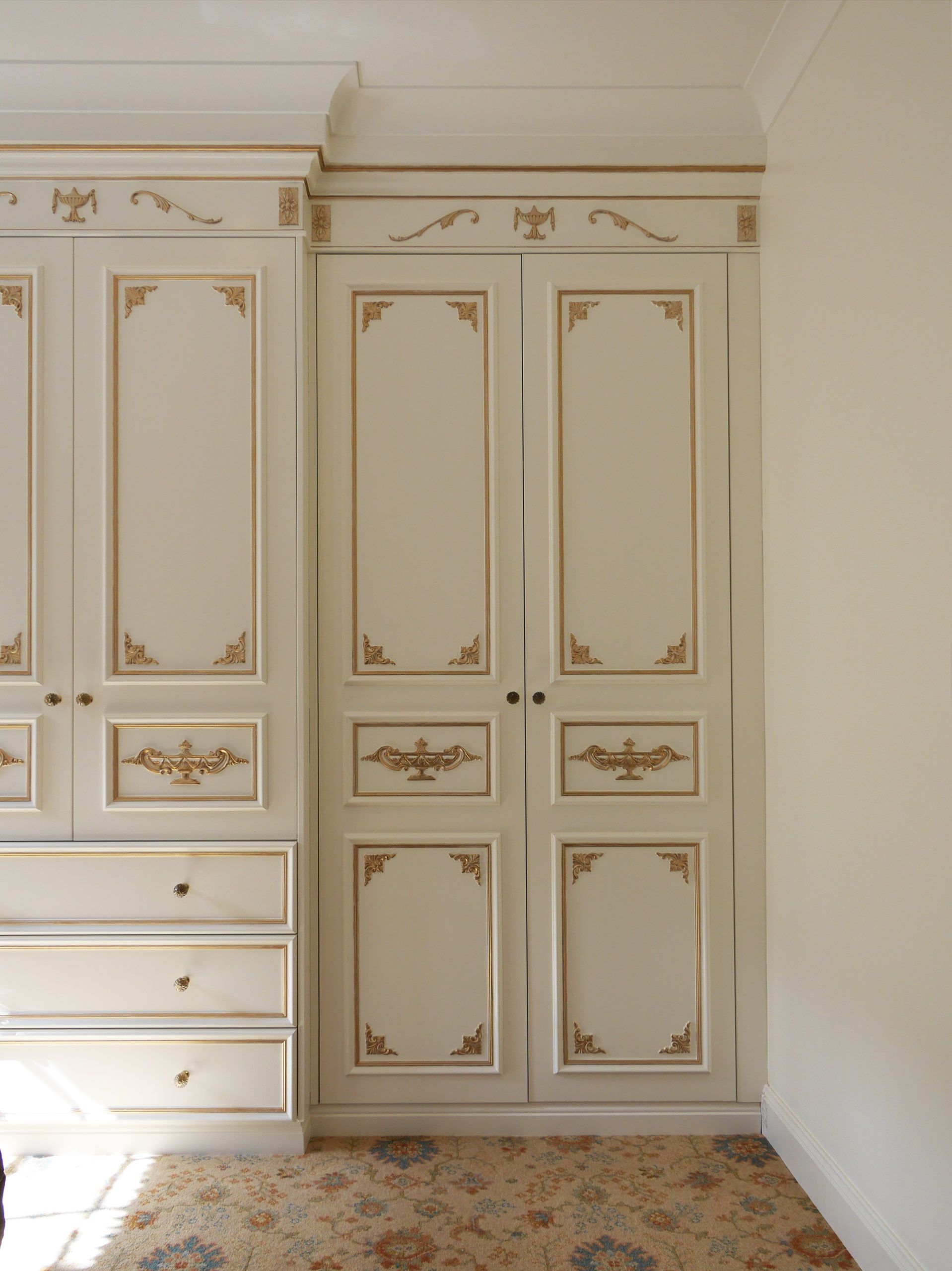 Built In Antique White Wardrobe With Gold Mouldings Detail – Christophe  Living Within Antique White Wardrobes (View 11 of 15)