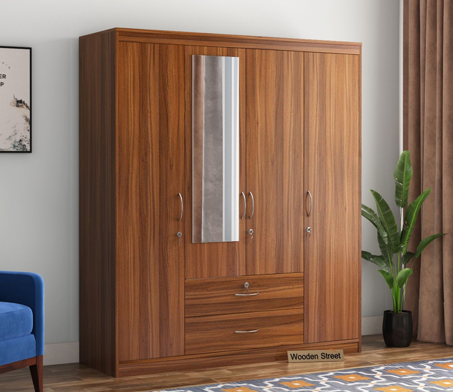 Buy Alcott 4 Door Wardrobe With Mirror (exotic Teak Finish) Online In India  At Best Price – Modern Wardrobes – Bedroom Cabinets – Storage Furniture –  Furniture – Wooden Street Product Regarding Cheap Wardrobes With Mirror (View 10 of 15)