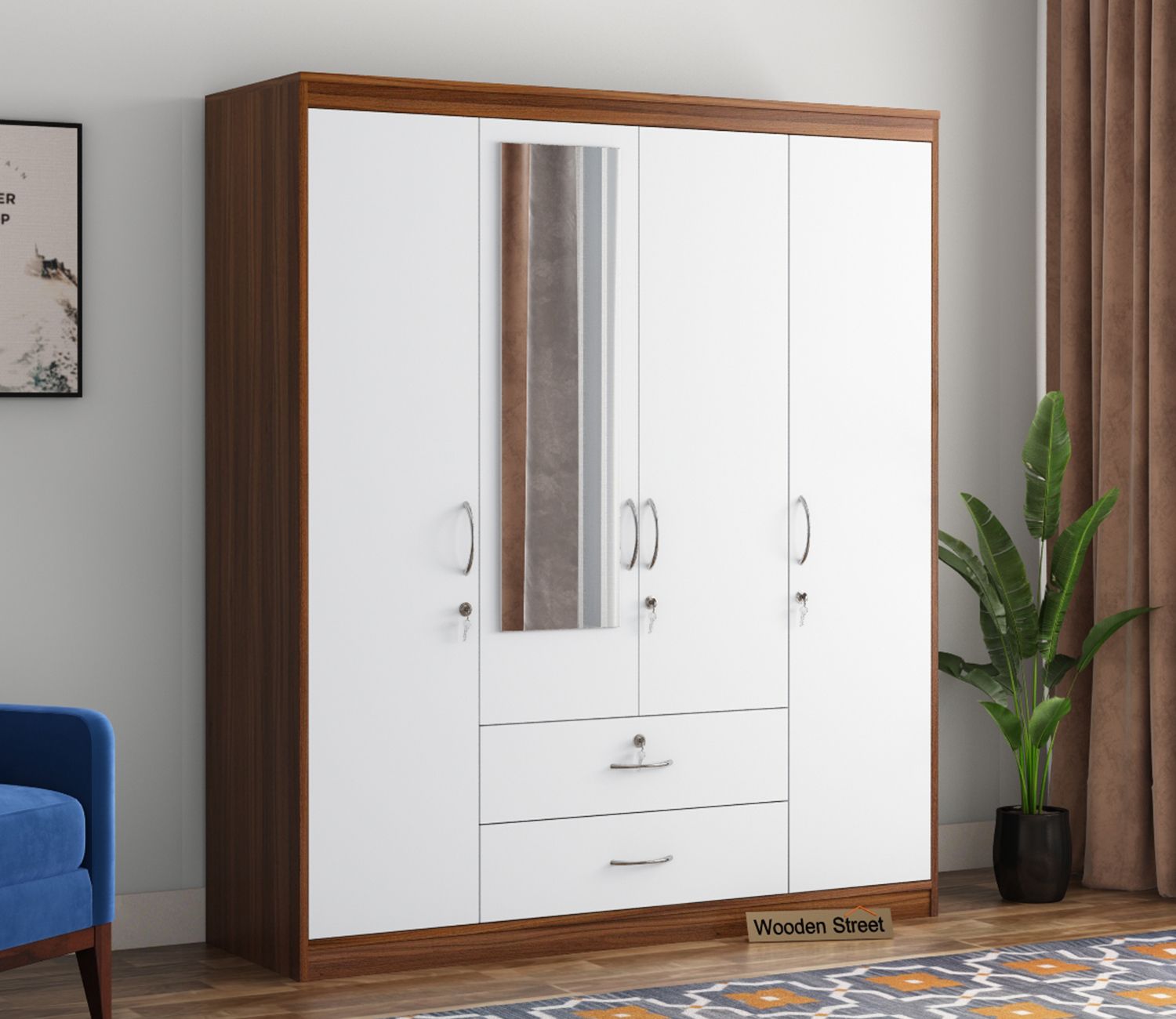 Buy Alcott 4 Door Wardrobe With Mirror (exotic Teak Frosty White Finish)  Online In India At Best Price – Modern Wardrobes – Bedroom Cabinets –  Storage Furniture – Furniture – Wooden Street Product For Cheap 4 Door Wardrobes (Photo 2 of 12)