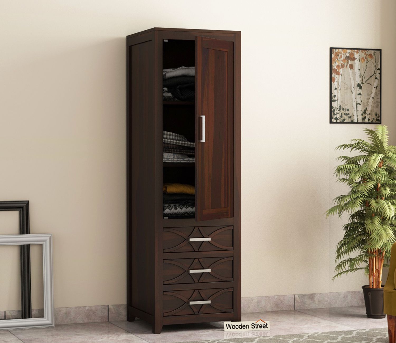 Buy Allan 1 Door Multi Utility Wardrobe (walnut Finish) Online In India At  Best Price – Modern Wardrobes – Bedroom Cabinets – Storage Furniture –  Furniture – Wooden Street Product Throughout Single Wardrobes With Drawers And Shelves (Photo 9 of 15)