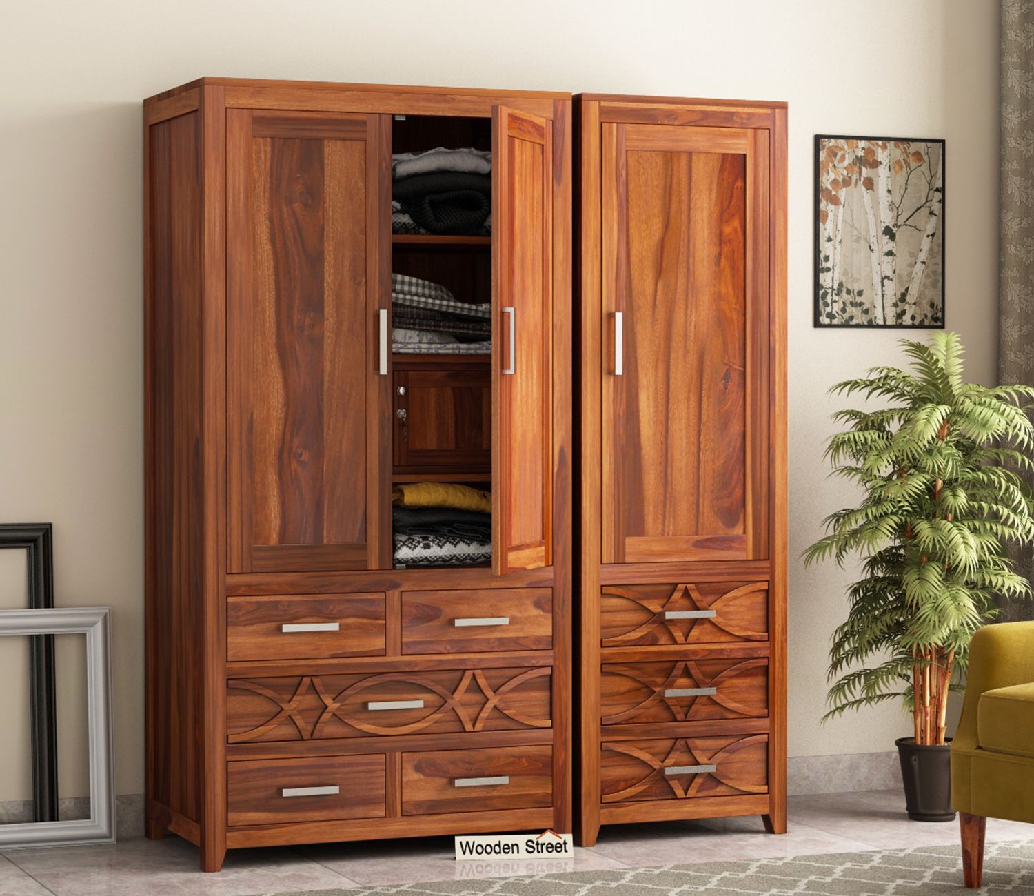 Buy Allan Sheesham Wood 3 Door Wardrobe (honey Finish) Online In India At  Best Price – Modern Wardrobes – Bedroom Cabinets – Storage Furniture –  Furniture – Wooden Street Product For Cheap Solid Wood Wardrobes (Photo 11 of 11)