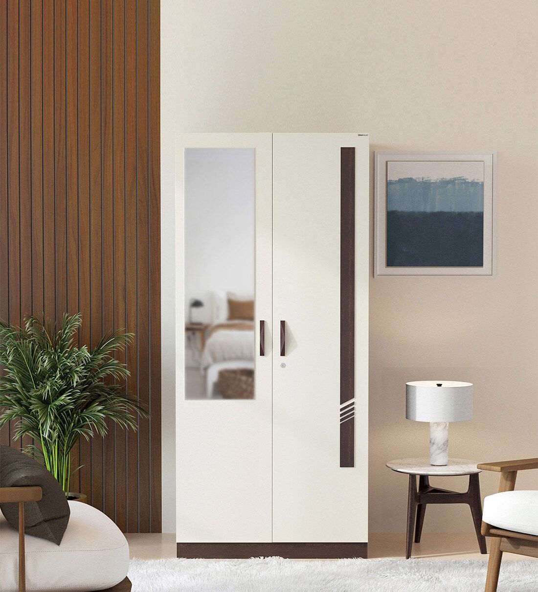 Buy Andrie 2 Door Wardrobe In Wenge & White Finish With Mirror At 26% Off Bluewud | Pepperfry Regarding Single White Wardrobes With Mirror (View 11 of 15)