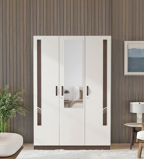 Buy Andrie 3 Door Wardrobe In Walnut & White Finish With Mirror At 24% Off Bluewud | Pepperfry Regarding Three Door Wardrobes With Mirror (View 11 of 15)
