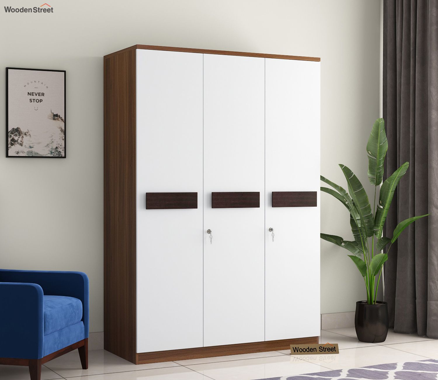 Buy Ashley 3 Door Multi Utility Wardrobe (exotic Teak Frosty White Finish)  Online In India At Best Price – Modern Wardrobes – Bedroom Cabinets – Storage  Furniture – Furniture – Wooden Street Product With Regard To 3 Door White Wardrobes With Drawers (View 14 of 15)