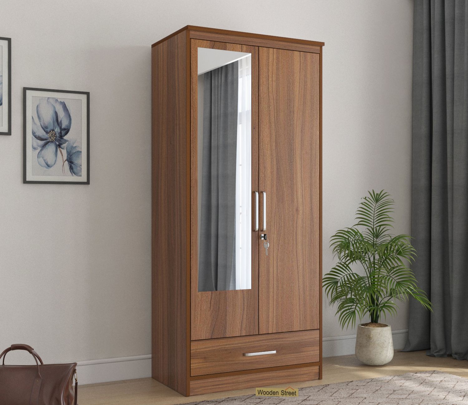 Buy Aspen 2 Door Wardrobe With Mirror And Single Drawer (exotic Teak  Finish) Online In India At Best Price – Modern Wardrobes – Bedroom Cabinets  – Storage Furniture – Furniture – Wooden Street Product Within 2 Door Wardrobes With Drawers And Shelves (View 5 of 15)