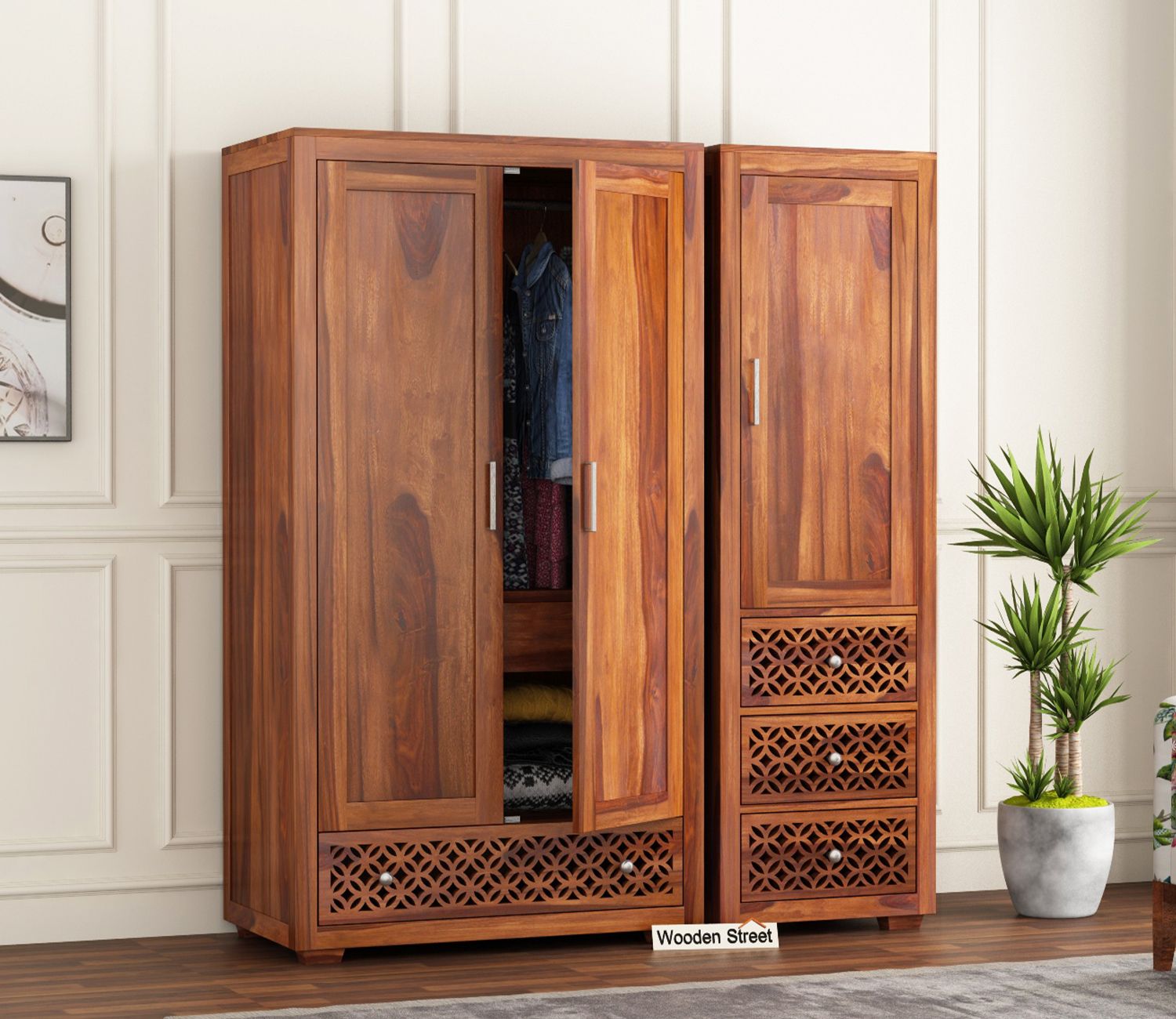 Buy Cambrey 3 Door Multi Utility Wardrobe (honey Finish) Online In India At  Best Price – Modern Wardrobes – Bedroom Cabinets – Storage Furniture –  Furniture – Wooden Street Product Within Wooden Wardrobes (Photo 1 of 15)