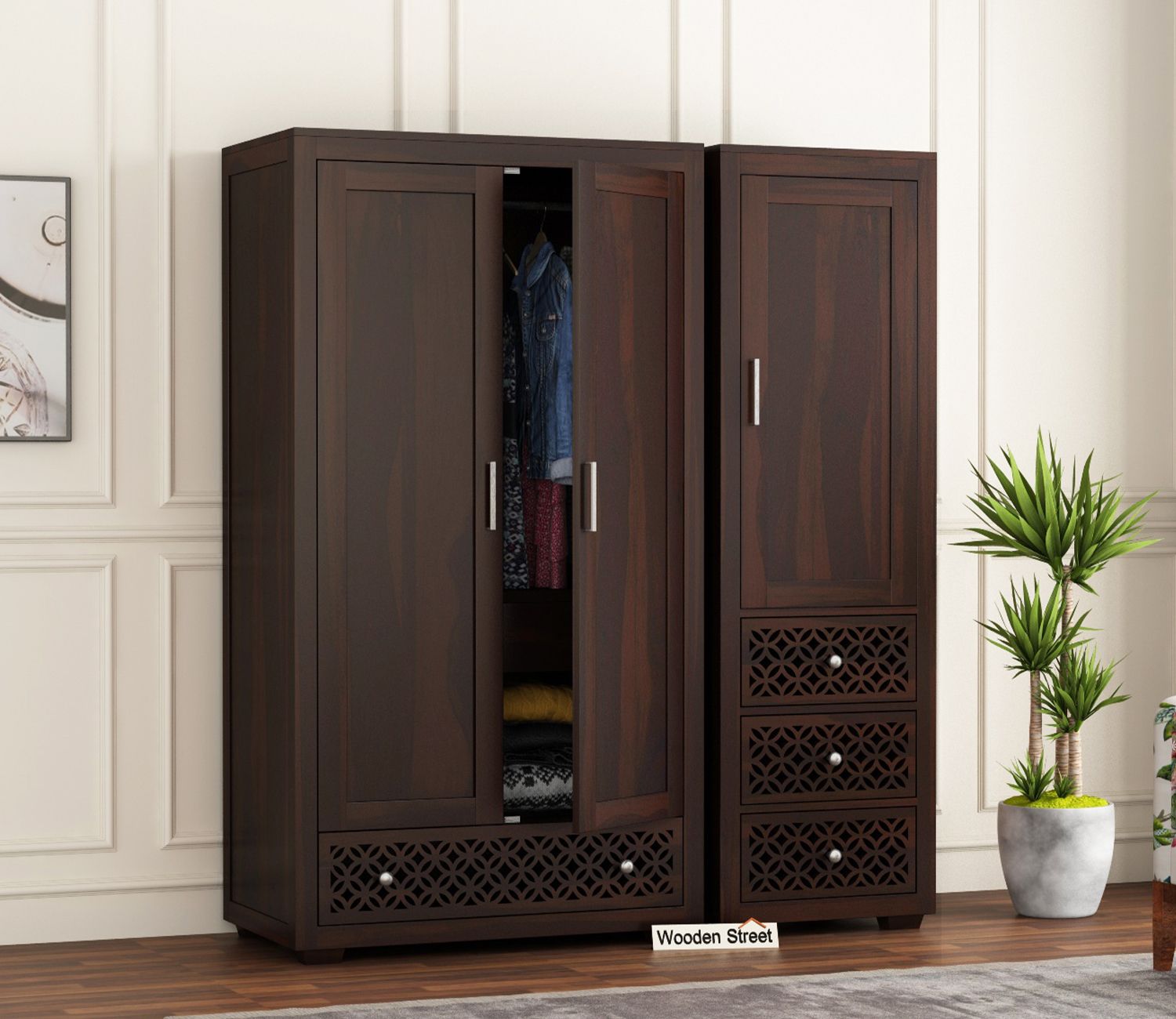 Buy Cambrey 3 Door Multi Utility Wardrobe (walnut Finish) Online In India  At Best Price – Modern Wardrobes – Bedroom Cabinets – Storage Furniture –  Furniture – Wooden Street Product For Cheap 3 Door Wardrobes (View 12 of 15)