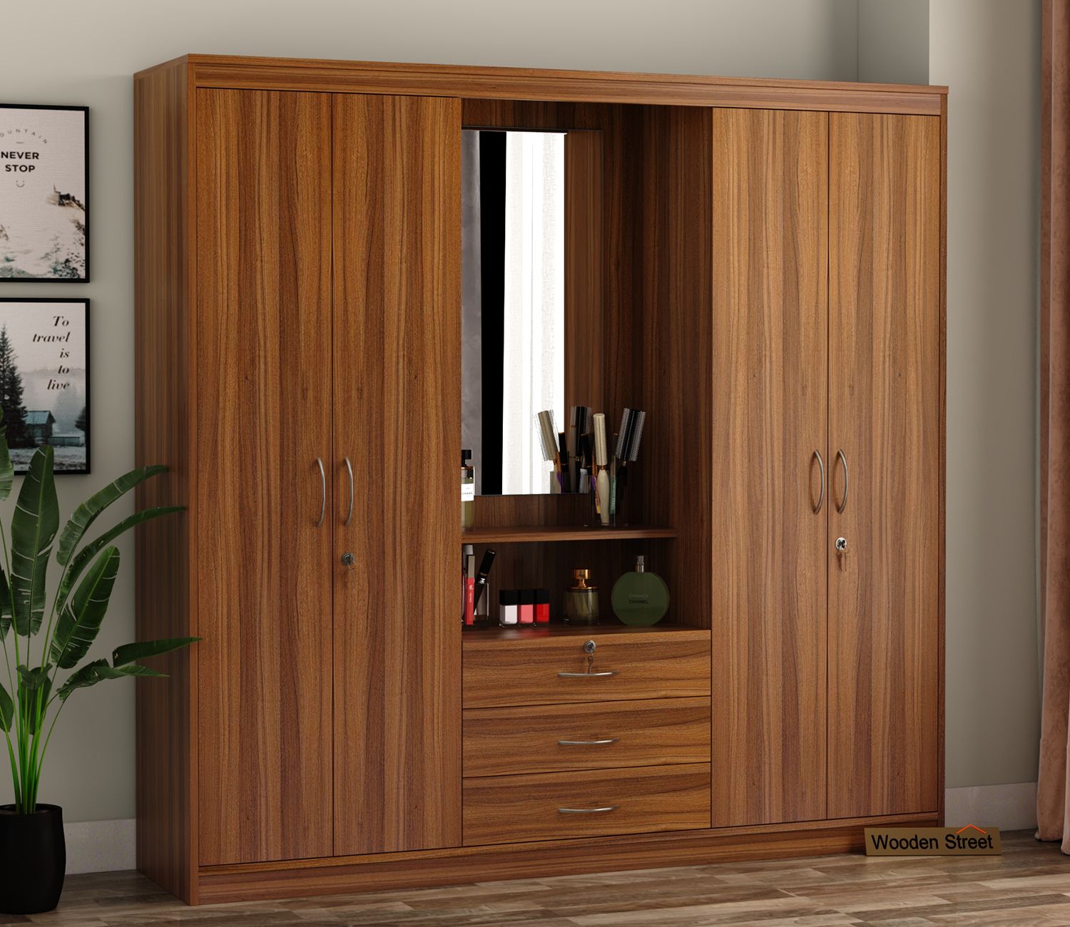 Buy Celestin Four Door Wardrobe With Dressing Table (exotic Teak Finish)  Online In India At Best Price – Modern Wardrobes – Bedroom Cabinets –  Storage Furniture – Furniture – Wooden Street Product Intended For Cheap Wood Wardrobes (View 11 of 15)