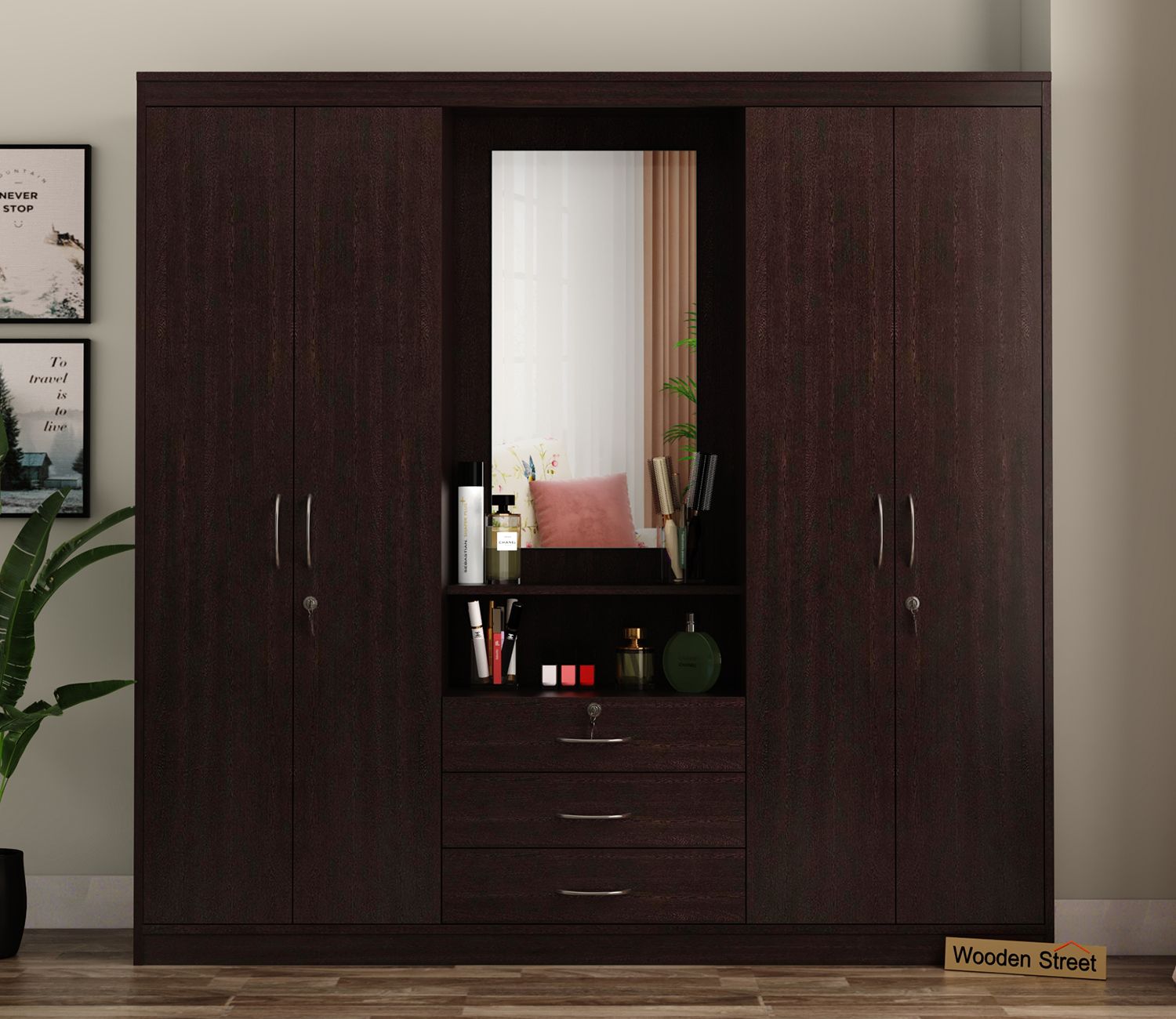 Buy Celestin Four Door Wardrobe With Dressing Table (flowery Wenge Finish)  Online In India At Best Price – Modern Wardrobes – Bedroom Cabinets –  Storage Furniture – Furniture – Wooden Street Product With Regard To Wardrobes And Dressing Tables (View 17 of 22)
