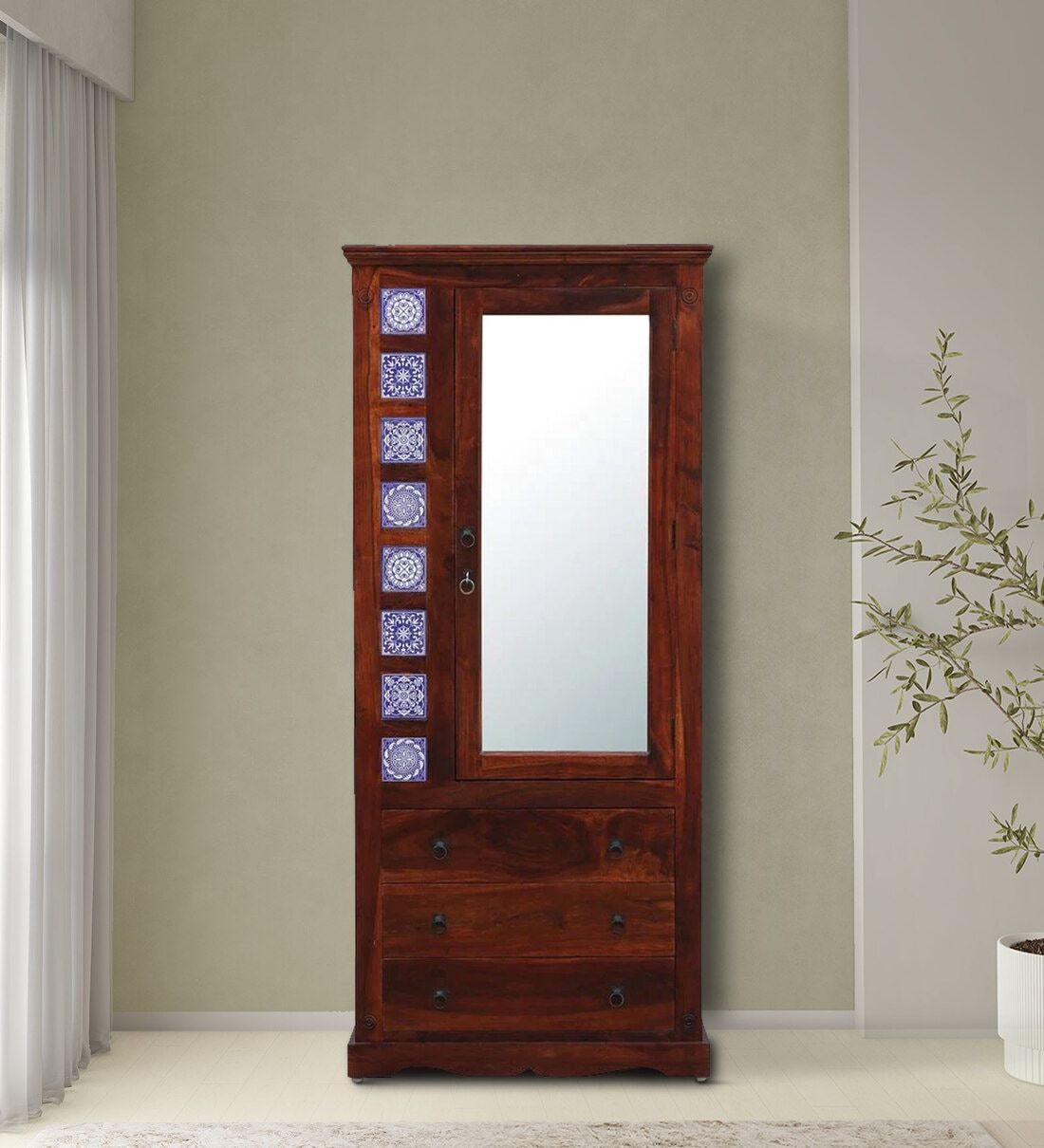 Buy Kamchini Sheesham Wood Single Door Wardrobe In Scratch Resistant Honey  Oak Finish With Mirror At 1% Offmudramark From Pepperfry | Pepperfry With Single Door Mirrored Wardrobes (Photo 8 of 15)