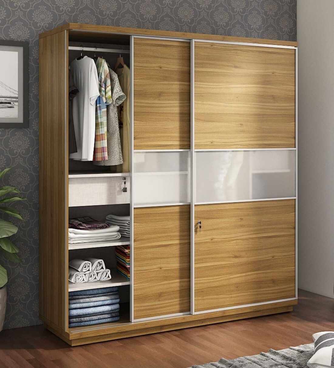 Buy Kosmo Universal Sliding Door Wardrobe In Natural Teak At 33% Off Spacewood | Pepperfry With Wardrobes With 2 Sliding Doors (Photo 6 of 15)