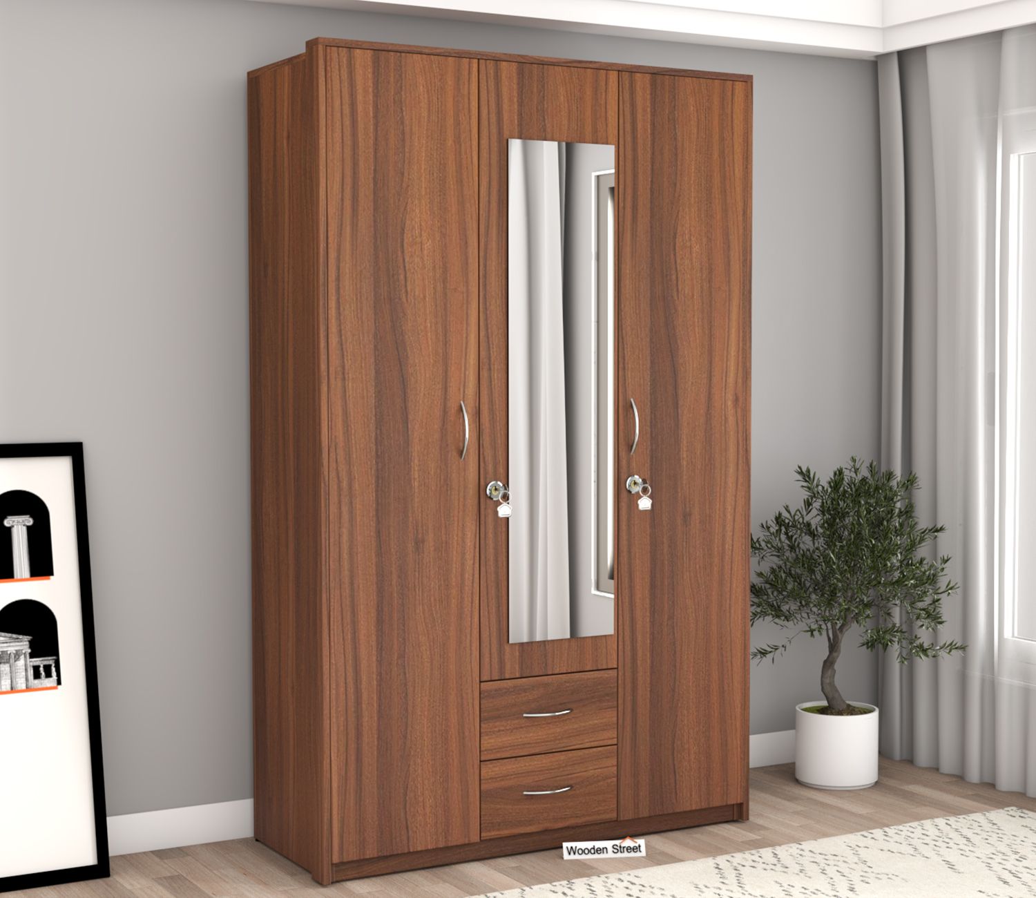 Buy Natalie 3 Door Wardrobe With Mirror (exotic Teak Finish) Online In  India At Best Price – Modern Wardrobes – Bedroom Cabinets – Storage  Furniture – Furniture – Wooden Street Product Throughout Three Door Wardrobes With Mirror (View 10 of 15)