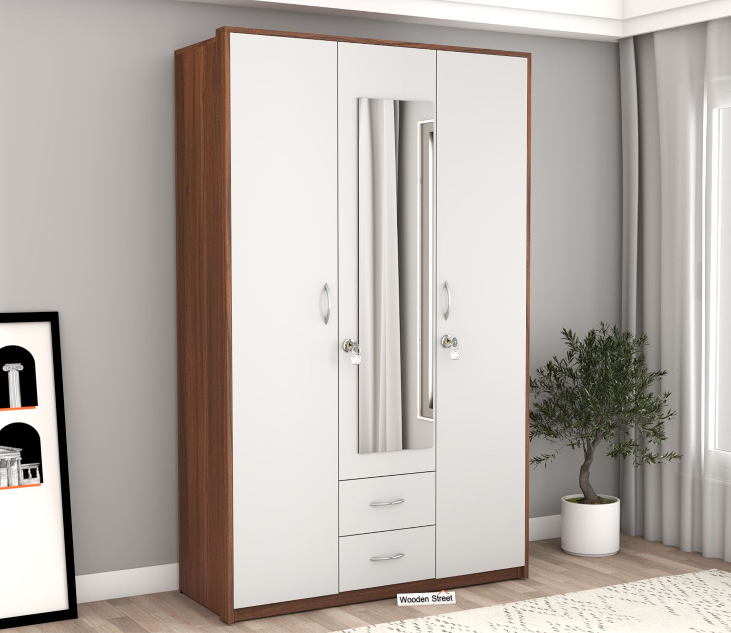 Buy Natalie 3 Door Wardrobe With Mirror (exotic Teak Frosty White) Online  In India At Best Price – Modern Wardrobes – Bedroom Cabinets – Storage  Furniture – Furniture – Wooden Street Product Intended For White 3 Door Wardrobes With Mirror (Photo 11 of 15)