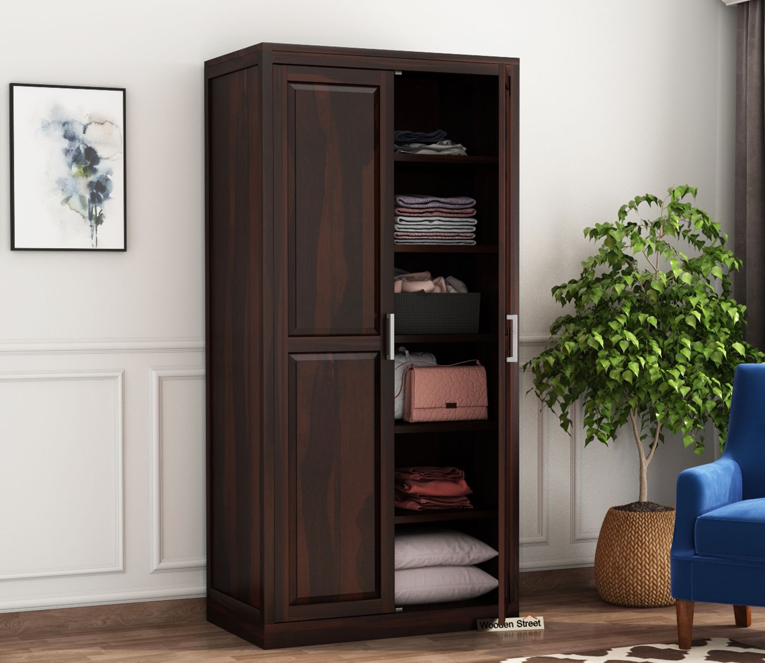 Buy Nixon Solid Wood 2 Door Cupboard (walnut Finish) Online In India At  Best Price – Modern Wardrobes – Bedroom Cabinets – Storage Furniture –  Furniture – Wooden Street Product Inside Cheap Solid Wood Wardrobes (Photo 5 of 11)