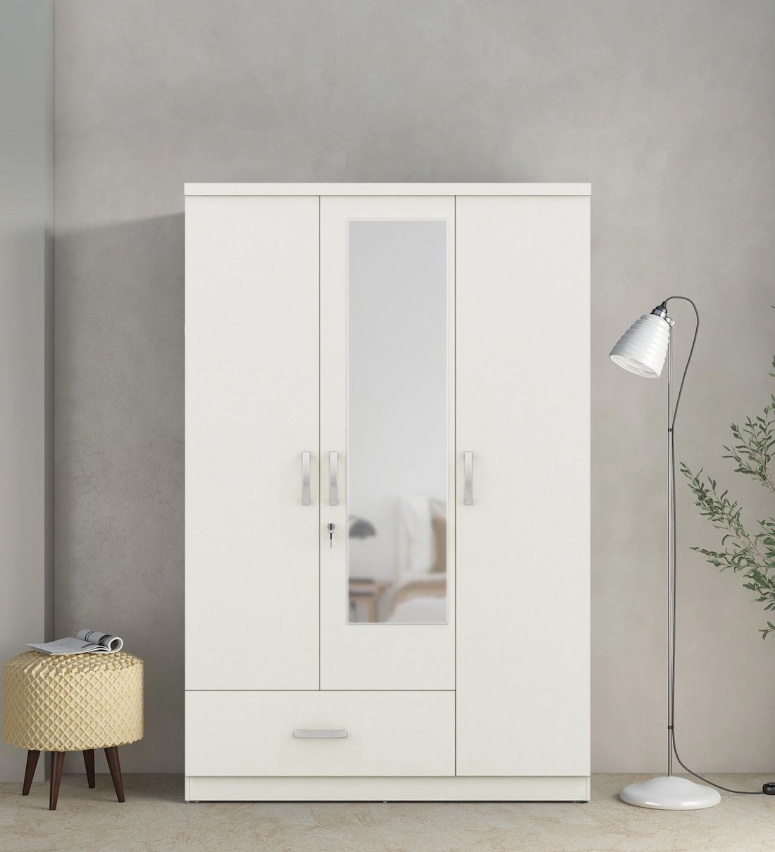 Buy Utsav 3 Door Wardrobe In White Finish With Mirror At 53% Off Hometown | Pepperfry For White 3 Door Mirrored Wardrobes (Photo 15 of 15)