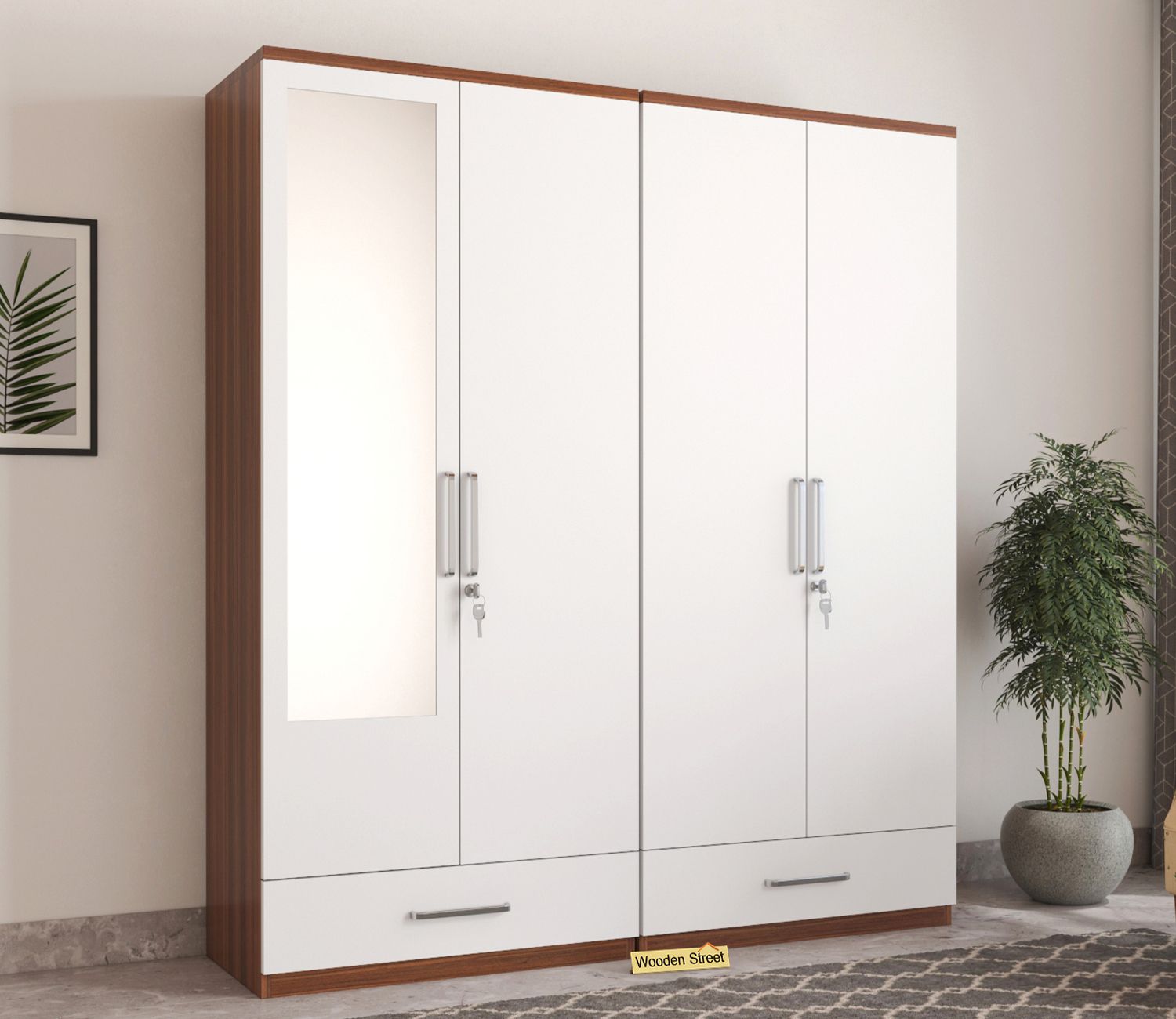 Buy Valor 4 Door Wardrobe With Mirror And Frosty White Drawer (exotic Teak  Finish) Online In India At Best Price – Modern Wardrobes – Bedroom Cabinets  – Storage Furniture – Furniture – Wooden Street Product In 4 Door Wardrobes (Photo 11 of 15)