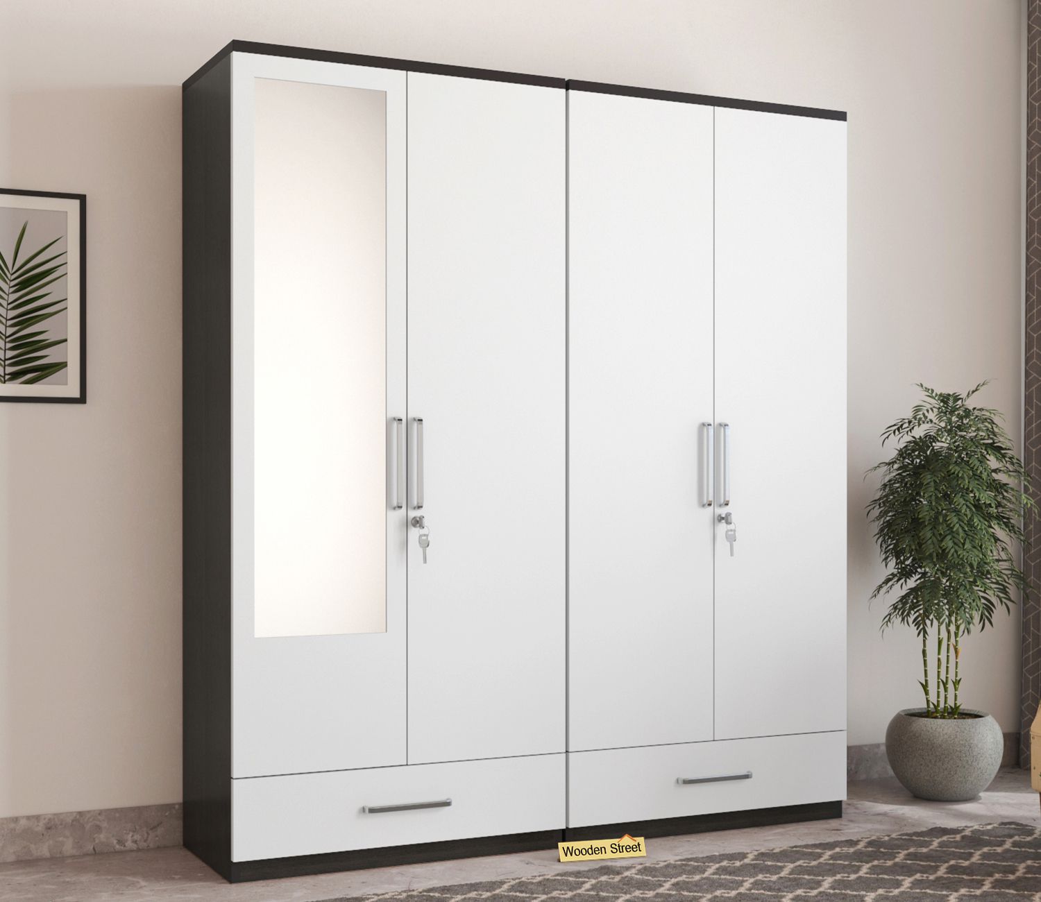 Buy Valor 4 Door Wardrobe With Mirror And Frosty White Drawer (flowery  Wenge Finish) Online In India At Best Price – Modern Wardrobes – Bedroom  Cabinets – Storage Furniture – Furniture – Wooden Street Product Intended For White Cheap Wardrobes (View 12 of 15)