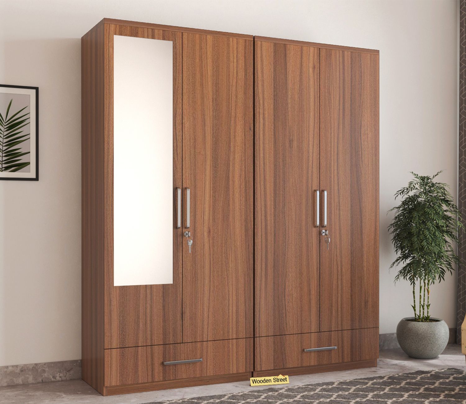 Buy Valor 4 Door Wardrobe With Mirror (exotic Teak Finish) Online In India  At Best Price – Modern Wardrobes – Bedroom Cabinets – Storage Furniture –  Furniture – Wooden Street Product For Wardrobes 4 Doors (Photo 12 of 15)
