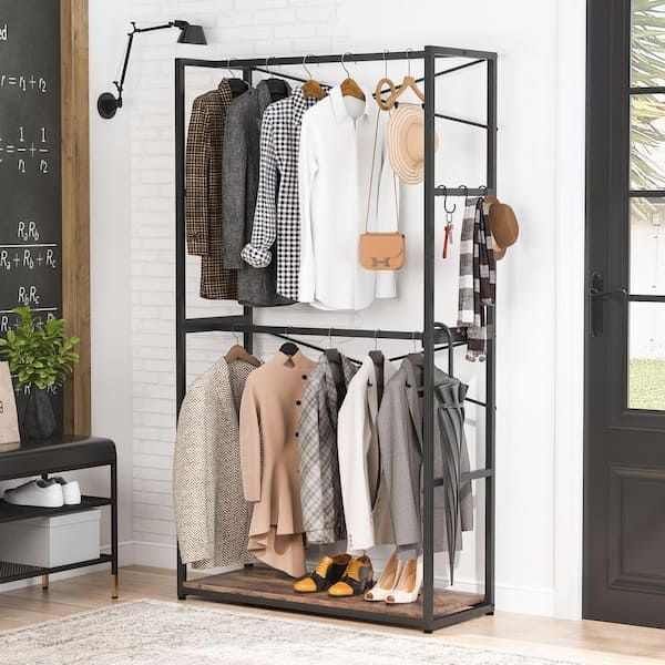 Byblight 78 In. Brown Free Standing Industrial Clothes Rack Freestanding  Closet Organizer Storage With Double Rods Bb U028gx1 – The Home Depot Intended For Double Clothes Rail Wardrobes (Photo 11 of 15)