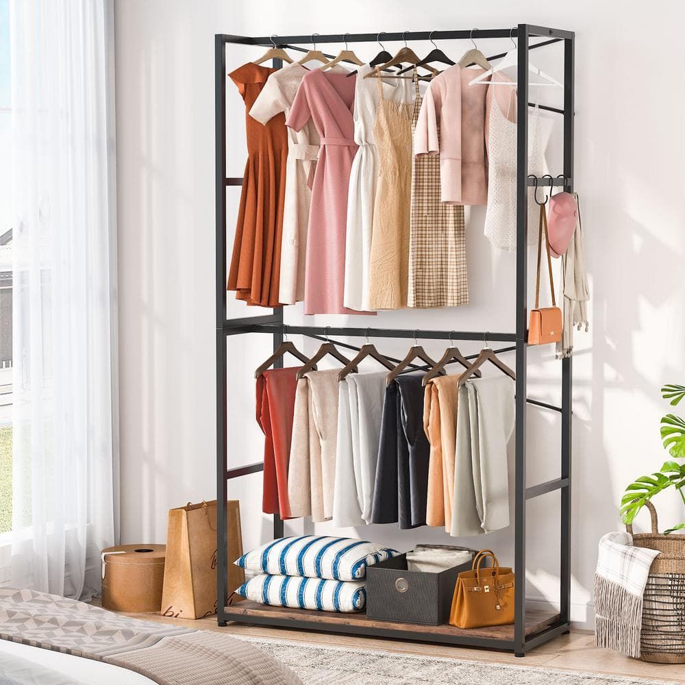 Byblight Brown Free Standing Closet Organizer Garment Rack With Double  Hanging Rod Bb U0028gx – The Home Depot Inside Double Hanging Rail For Wardrobes (View 14 of 15)