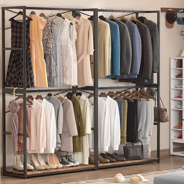 Byblight Brown Free Standing Closet Organizer Garment Rack With Double  Hanging Rod Bb U0028gx – The Home Depot Regarding Tall Double Hanging Rail Wardrobes (View 9 of 15)