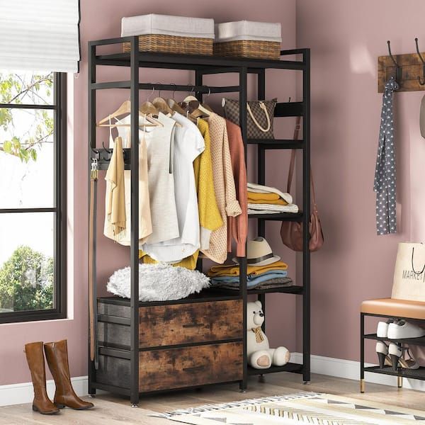 Byblight Carmalita Black Closet Organizer, Clothes Rack With Drawers And  Shelves, Heavy Duty Garment Rack Wardrobe Storage Closet Bb F1604xf – The  Home Depot Pertaining To Wardrobes With Shelf Portable Closet (View 8 of 15)
