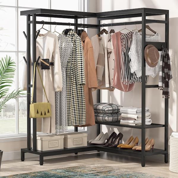 Byblight Carmalita Black Corner Clothes Rack, L Shape Garment Rack With Double  Rod And Shelves, Freestanding Closet Organizer Bb C0686xf – The Home Depot Throughout Double Clothes Rail Wardrobes (View 15 of 15)