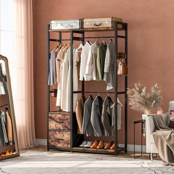 Byblight Carmalita Brown Garment Rack With 2 Fabric Drawers, Freestanding  Closet Organizer With Shelves And 3 Hanging Rods Bb C0621gx – The Home Depot For Built In Garment Rack Wardrobes (View 14 of 15)