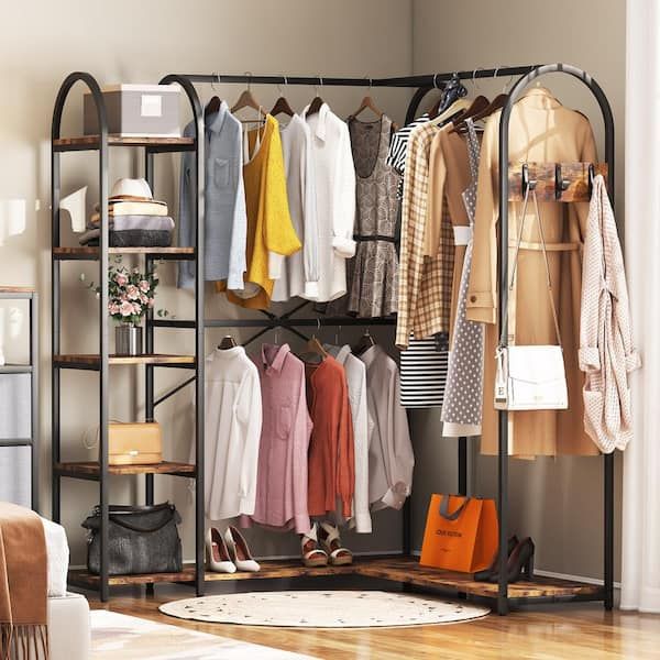 Byblight Carmalita Rustic Brown And Black L Shaped Corner Garment Rack  Closet Organizer With Storage Shelves And Coat Rack Bb Jw0199xl – The Home  Depot For Clothes Rack Wardrobes (Photo 12 of 15)