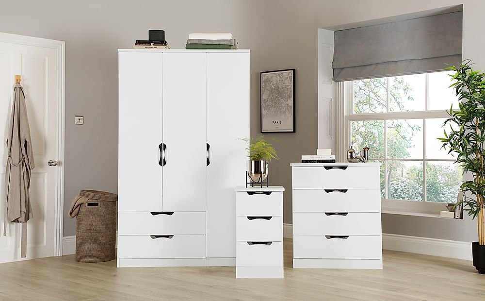 Camden 3 Piece 3 Door Wardrobe Bedroom Furniture Set, White Finish &  Chrome, High Gloss | Furniture And Choice Throughout Cheap White Wardrobes Sets (View 8 of 15)