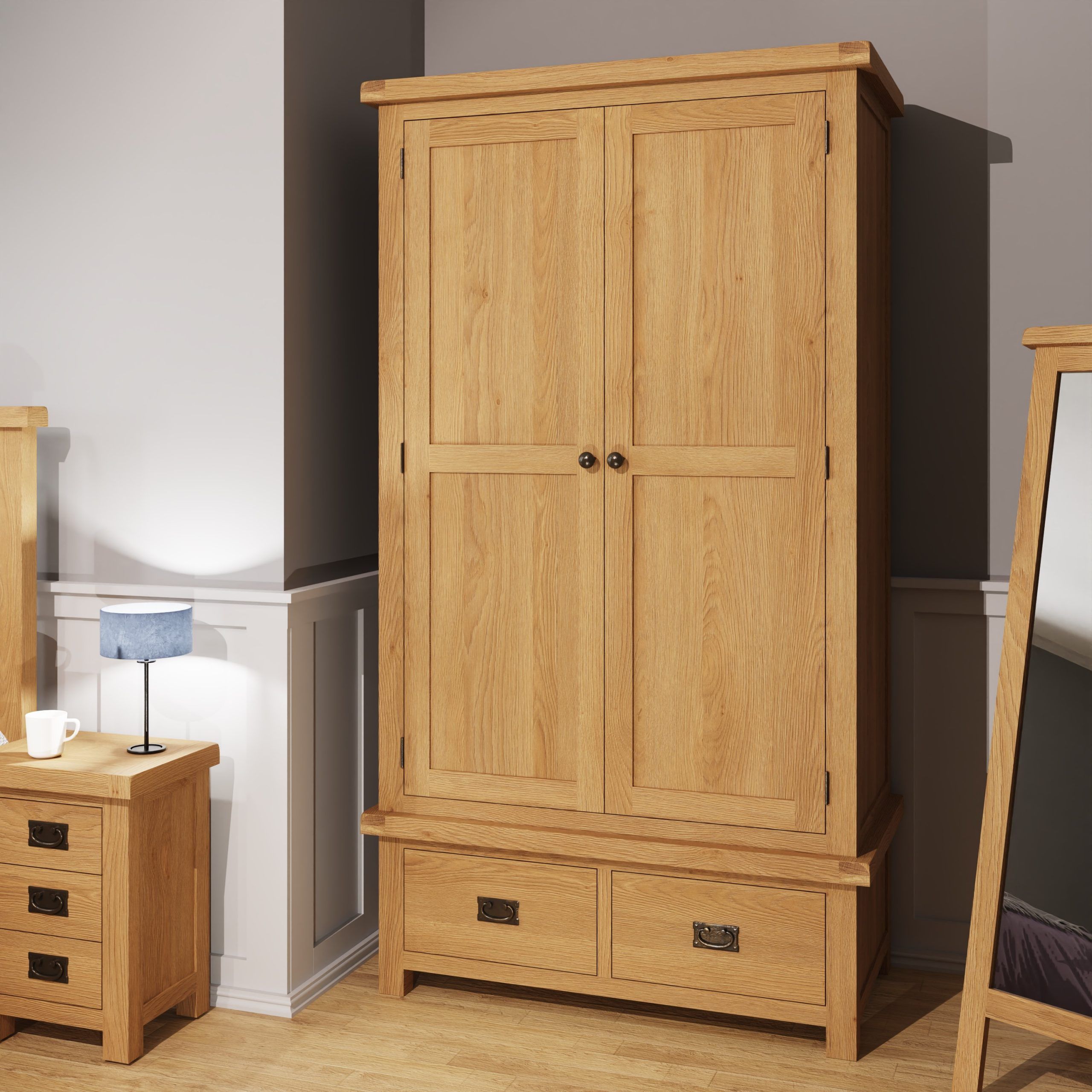 Carthorpe Oak 2 Door 2 Drawer Wardrobe – Only Oak Furniture For Oak Wardrobes With Drawers And Shelves (View 7 of 15)