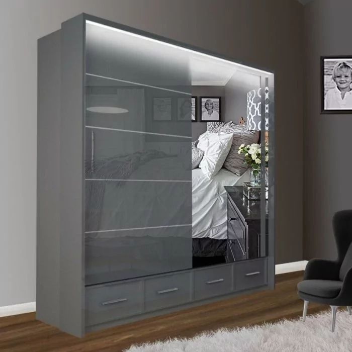 Cecilia High Gloss Grey Sliding Wardrobe 209cm Throughout Tall White Gloss Wardrobes (View 14 of 15)