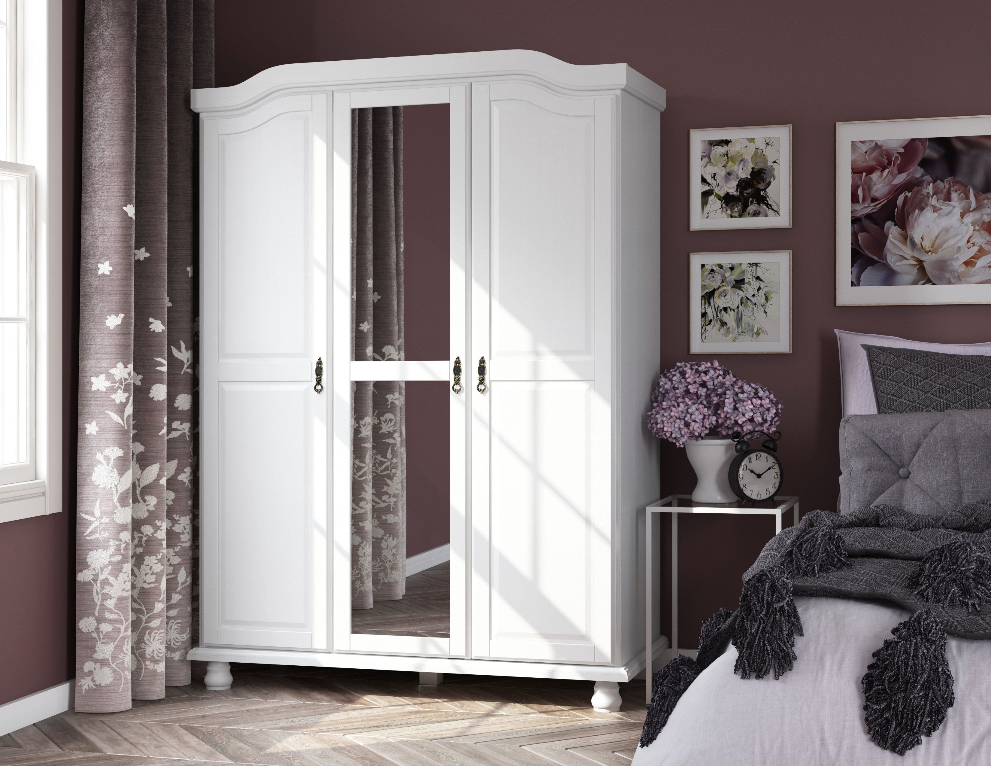Charlton Home® Anass Kyle 100% Solid Wood 3 Door Wardrobe Armoire With Mirrored  Door & Reviews | Wayfair With White 3 Door Mirrored Wardrobes (View 13 of 15)