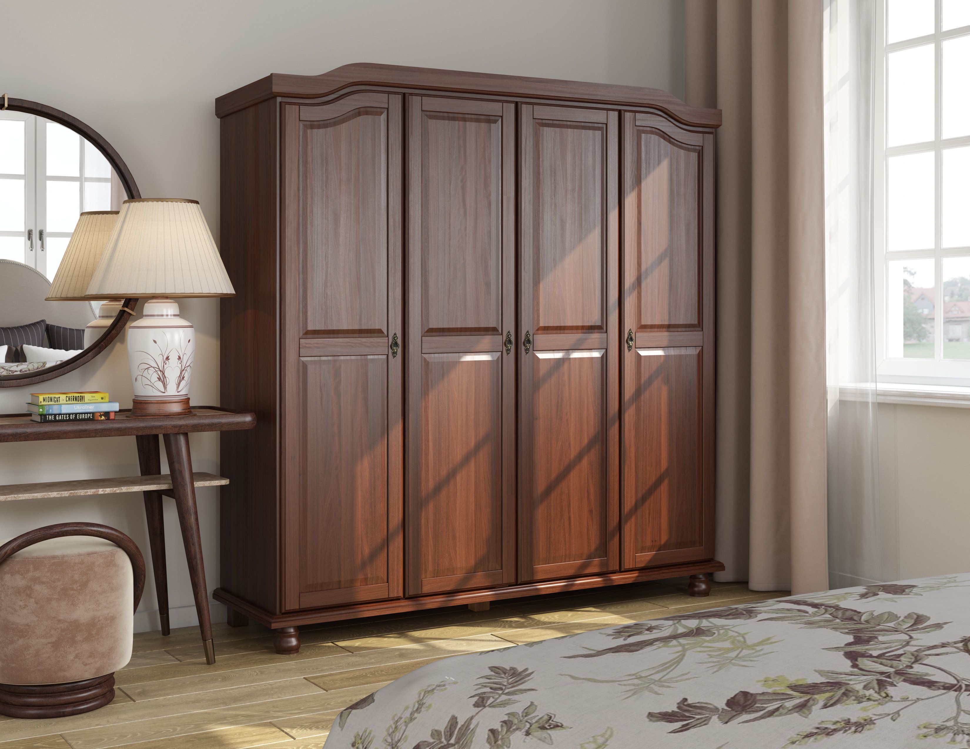 Charlton Home® Kyle 100% Solid Wood 4 Door Wardrobe Armoire & Reviews |  Wayfair With Regard To Solid Wood Wardrobes Closets (View 5 of 15)