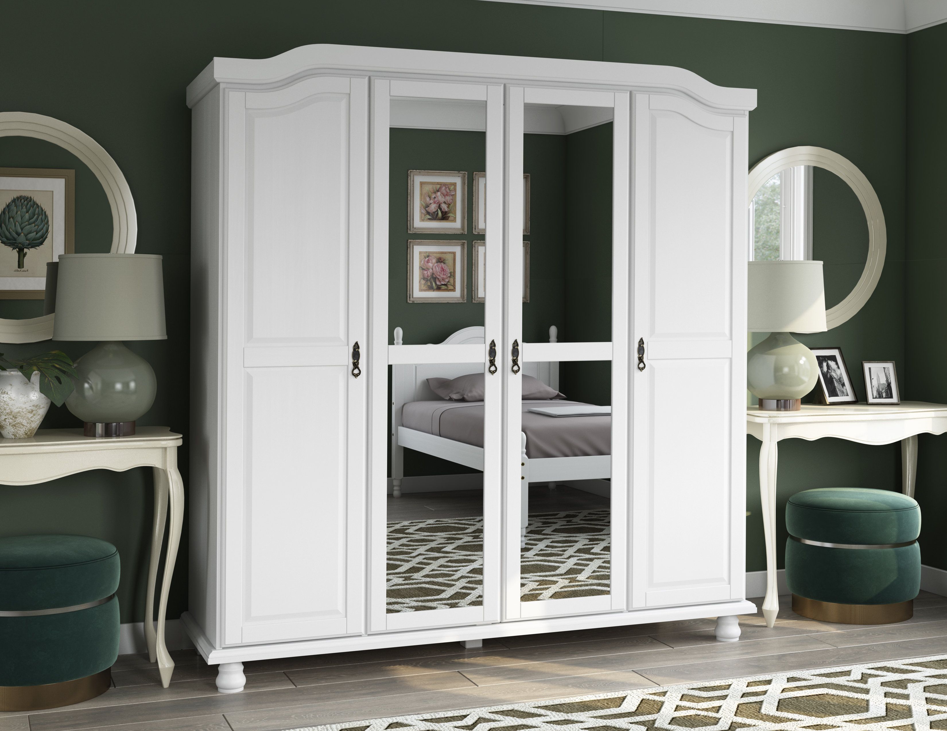 Charlton Home® Kyle 100% Solid Wood 4 Door Wardrobe Armoire With Mirrored  Doors & Reviews | Wayfair In White Wardrobes Armoire (View 15 of 15)