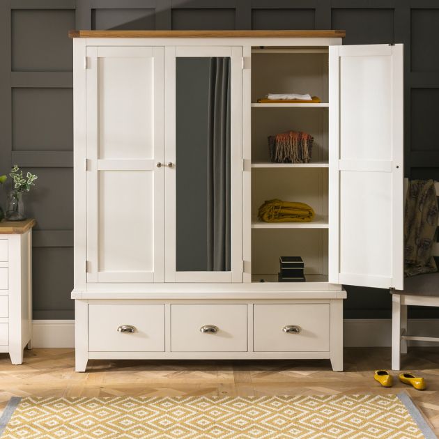 Cheshire Cream Painted Triple 3 Door Mirrored Wardrobe With 3 Drawers | The  Furniture Market Intended For Cream Triple Wardrobes (View 8 of 15)