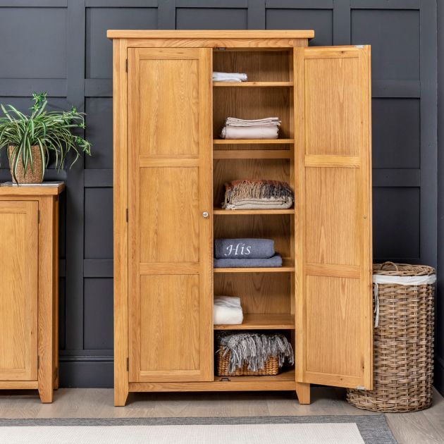 Cheshire Oak Double Shaker Linen Storage Cupboard | The Furniture Market Intended For Oak Wardrobes With Drawers And Shelves (Photo 11 of 15)