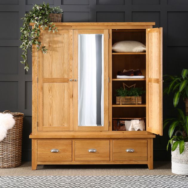 Cheshire Oak Triple 3 Door Mirrored Wardrobe With 3 Drawers | The Furniture  Market With Triple Mirrored Wardrobes (Photo 2 of 15)