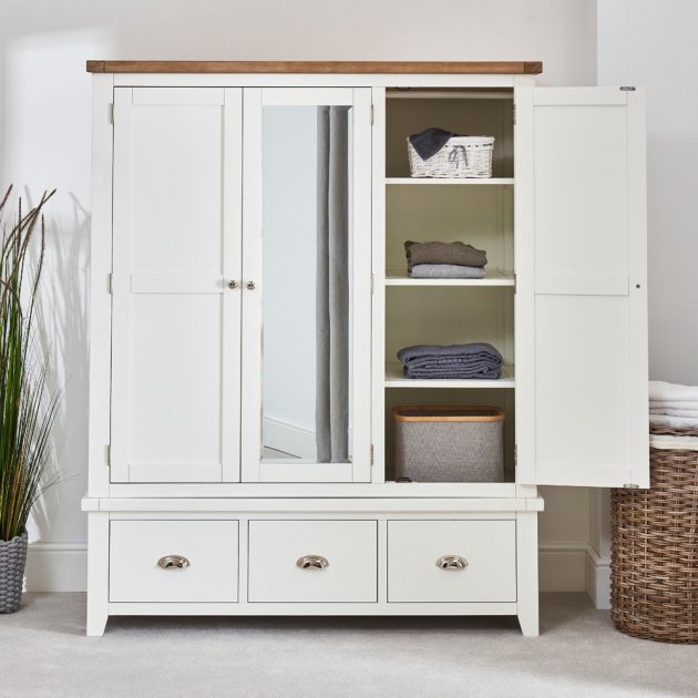 Cheshire White Painted Triple 3 Door Mirrored Wardrobe With 3 Drawers | The  Furniture Market Regarding Triple Mirrored Wardrobes (View 4 of 15)
