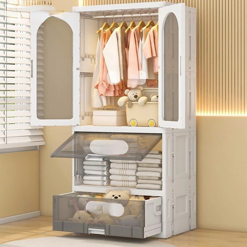 Children Simple Clothes Wardrobe Multilayer Bedroom Storage Cabinet Free  Installation Double Door Plastic Wardrobes For Room – Aliexpress In Double Wardrobes (Photo 7 of 15)