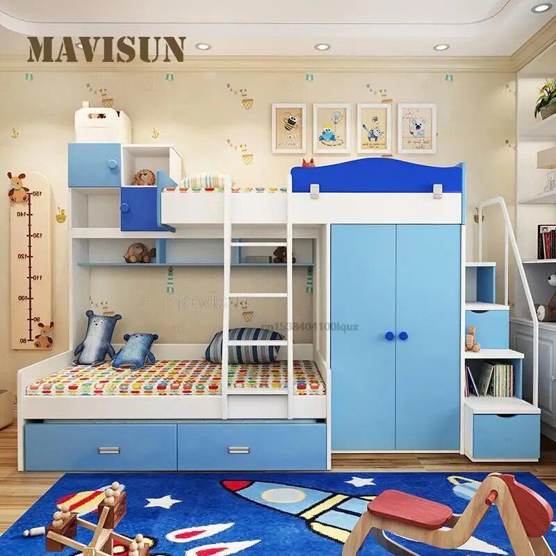 Children's Bunk Bed Combination With Guardrail And Wardrobe Multifunctional  Bed For Boys And Girls Classic Bedroom Furniture Within Double Rail Childrens Wardrobes (View 12 of 15)