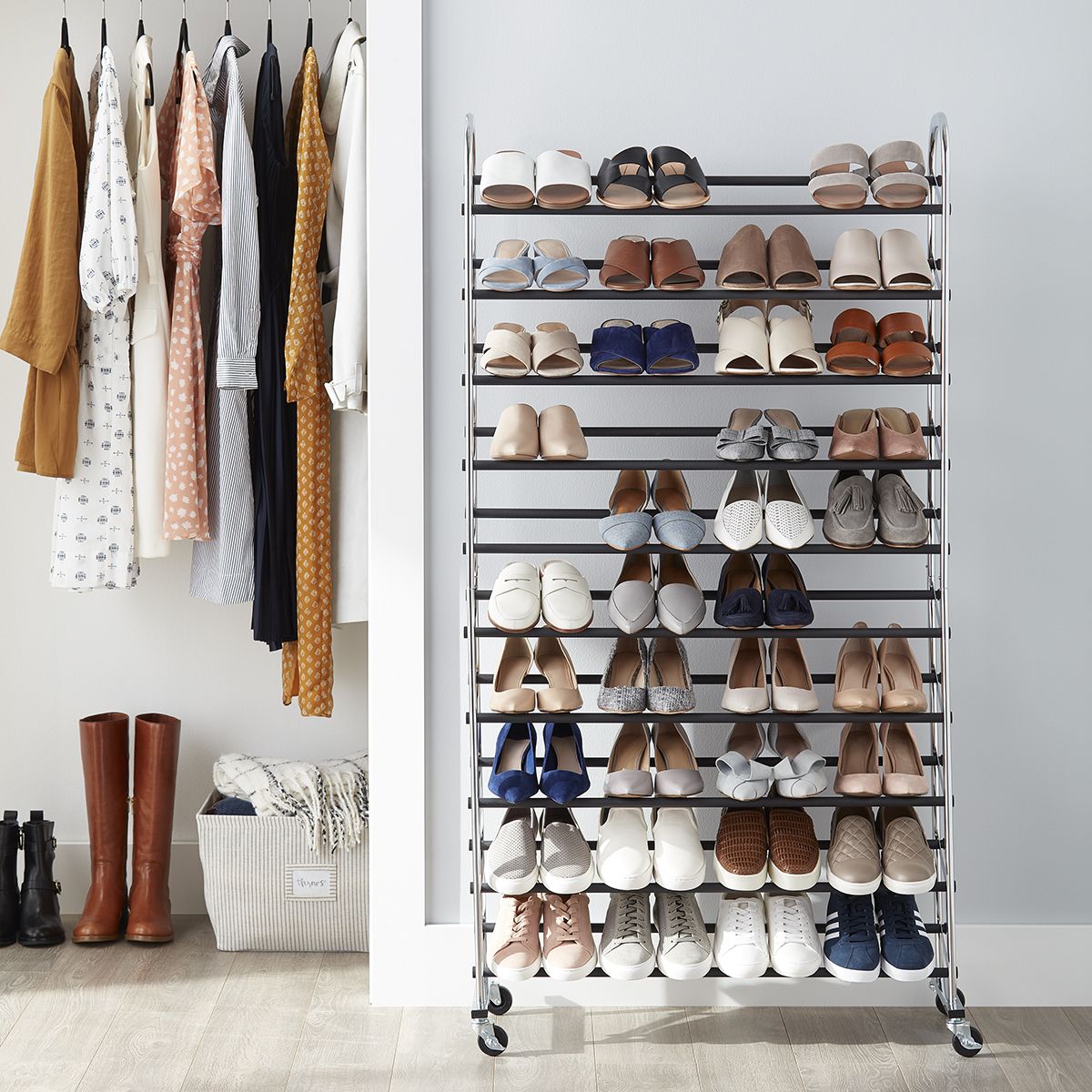 Chrome Metal 10 Tier Rolling Shoe Rack | The Container Store Regarding Wardrobes Shoe Storages (Photo 15 of 15)