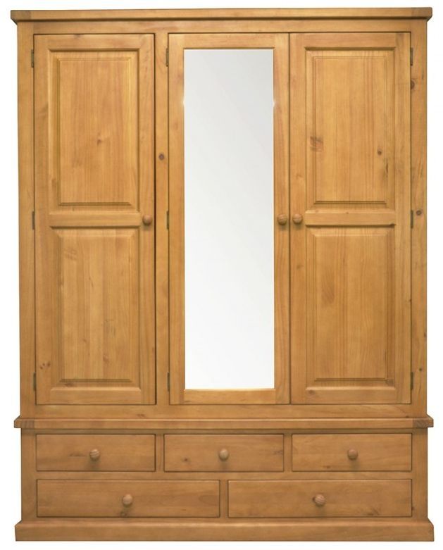 Churchill Waxed Pine Combi Wardrobe, 3 Doors Mirror Front With 5 Bottom  Storage Drawers – Cfs Furniture Uk For 3 Door Pine Wardrobes (View 5 of 15)