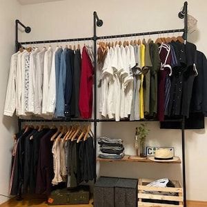 Clothes Rack Doubled And Open Clothes Rail Black Wall Mounting – Etsy Hong  Kong Throughout Double Black Covered Tidy Rail Wardrobes (Photo 8 of 15)