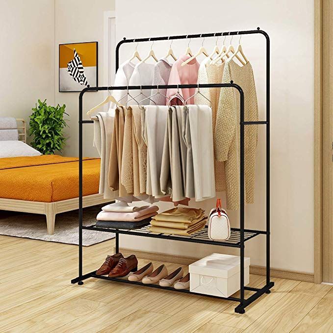 Clothing Garment Rack Metal Heavy Duty Double Rail Clothes Rack Organizer  2 Tier Storage Shelf For Boxes Shoes Boots Commercial Grade Multi Purpose  Entryway She… In 2023 | Clothing Rack, Metal Clothes Rack, Garment Regarding Double Black Covered Tidy Rail Wardrobes (View 14 of 15)
