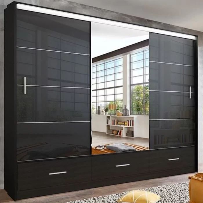 Cornelia 250cm Large High Gloss Sliding Door Wardrobe – Black, White, Grey For High Gloss Black Wardrobes (View 14 of 15)