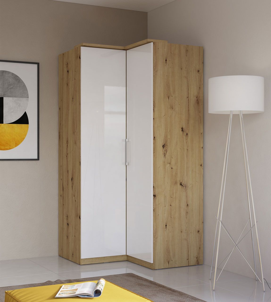 Corner Wardrobe Optima Op16 Artisan Oak / White Gloss – Furnitop Shop Within Corner Wardrobes (Photo 9 of 18)
