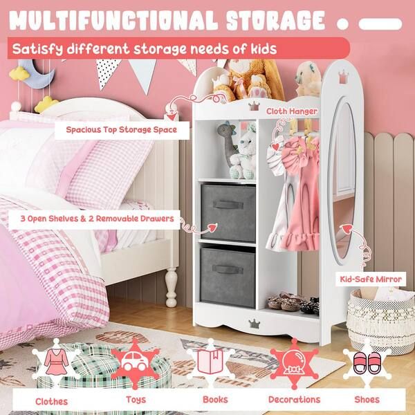 Costway 27'' X 13.5'' X 45.5'' Kids Dress Up Storage Hanging White Armoire  Dresser Costume Closet W/mirror & Toy Bins Tp10022wh – The Home Depot With Regard To Wardrobes With 2 Bins (Photo 11 of 15)