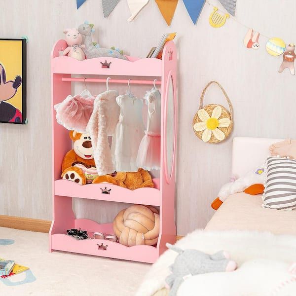 Costway Kids Dress Up Storage Hanging Armoire Dresser Pretend Costume Closet  With Mirror Tp10023pi – The Home Depot Throughout Kids Dress Up Wardrobes Closet (Photo 9 of 15)