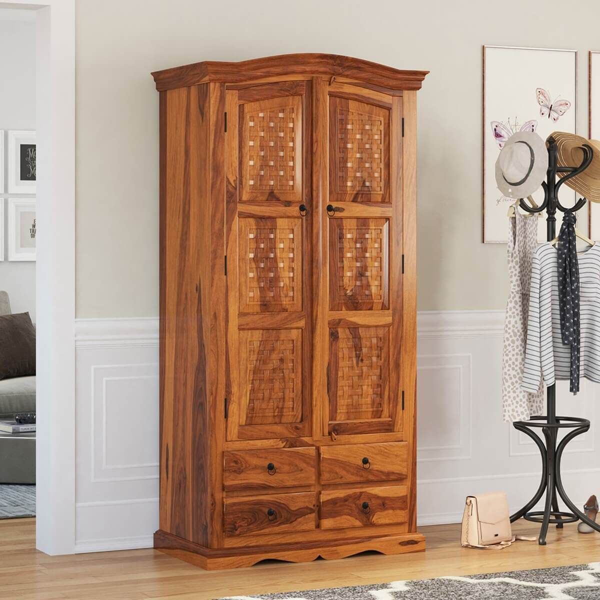 Crawford Solid Wood 4 Drawer Farmhouse Armoire Wardrobe Throughout Solid Wood Wardrobes Closets (View 13 of 15)
